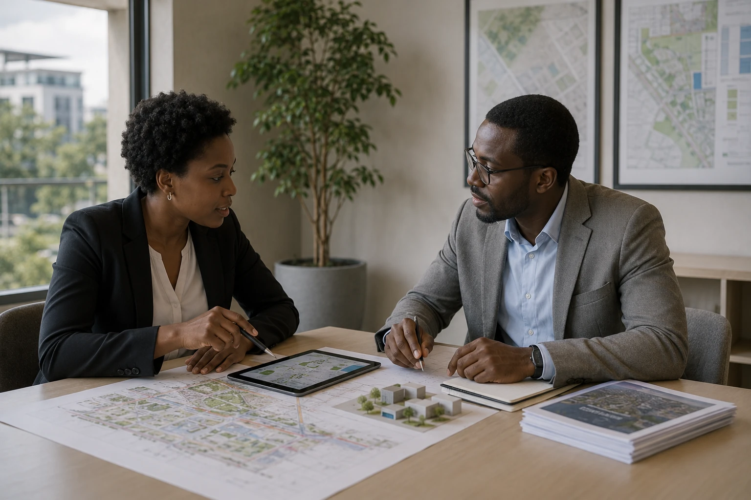 Mid-page editorial photograph for the Approach page — a focused two-person partnership conversation in a contemporary African office.
