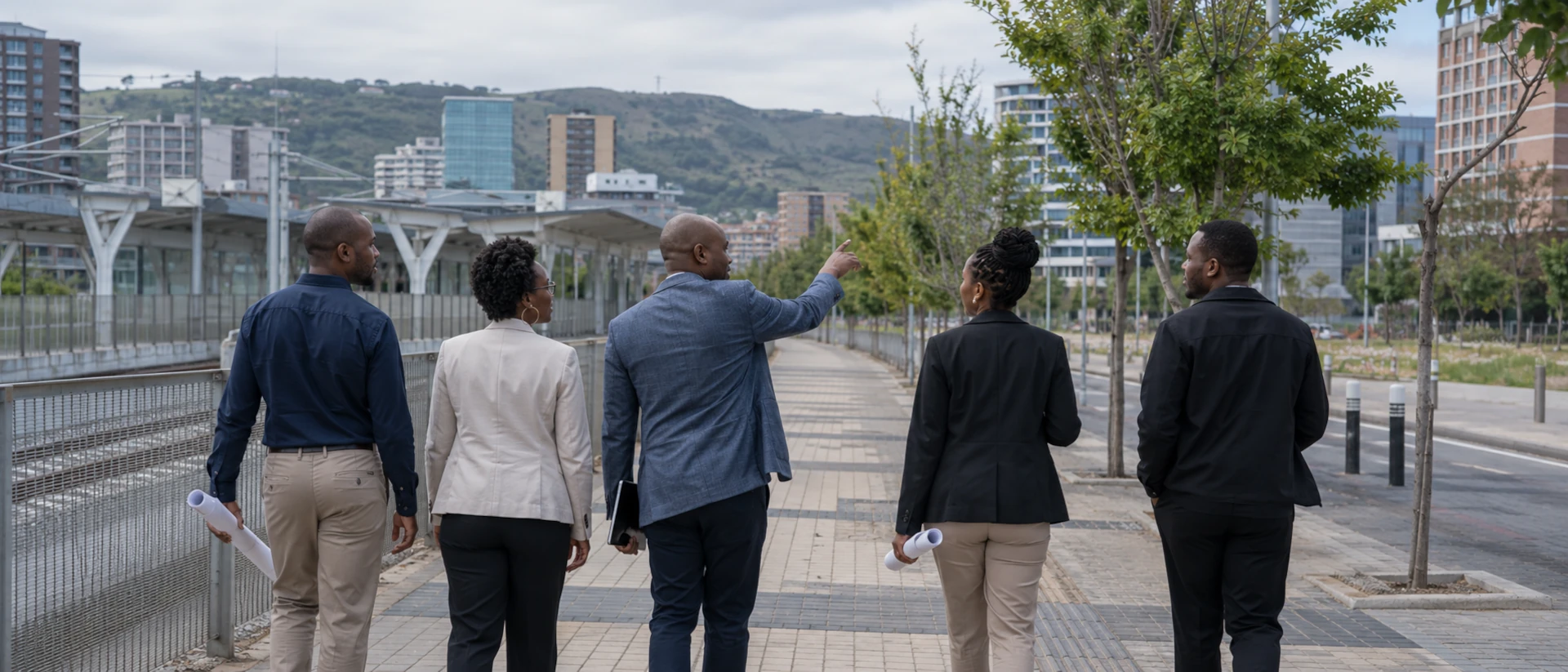 Editorial photograph for the Approach page — an advisory working group on a working site visit in a contemporary African city.