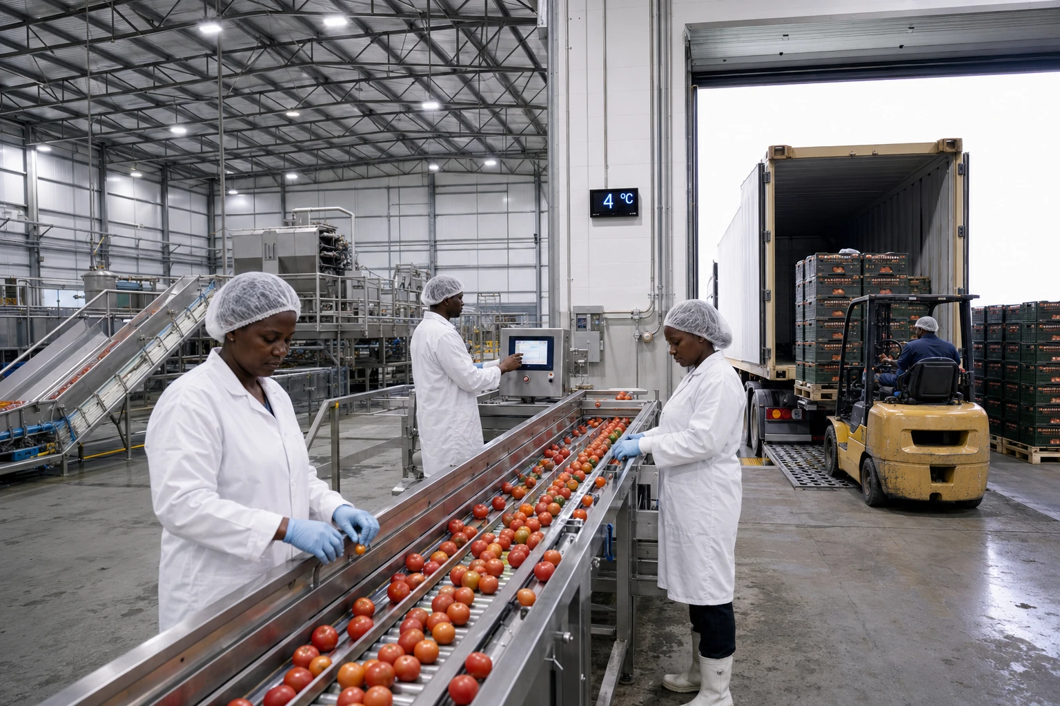 Inside an industrial cold-storage and grading hangar in Sub-Saharan Africa — a stainless-steel sorting conveyor, workers in white smocks, pallets being loaded into a refrigerated articulated lorry through a dock-leveller.