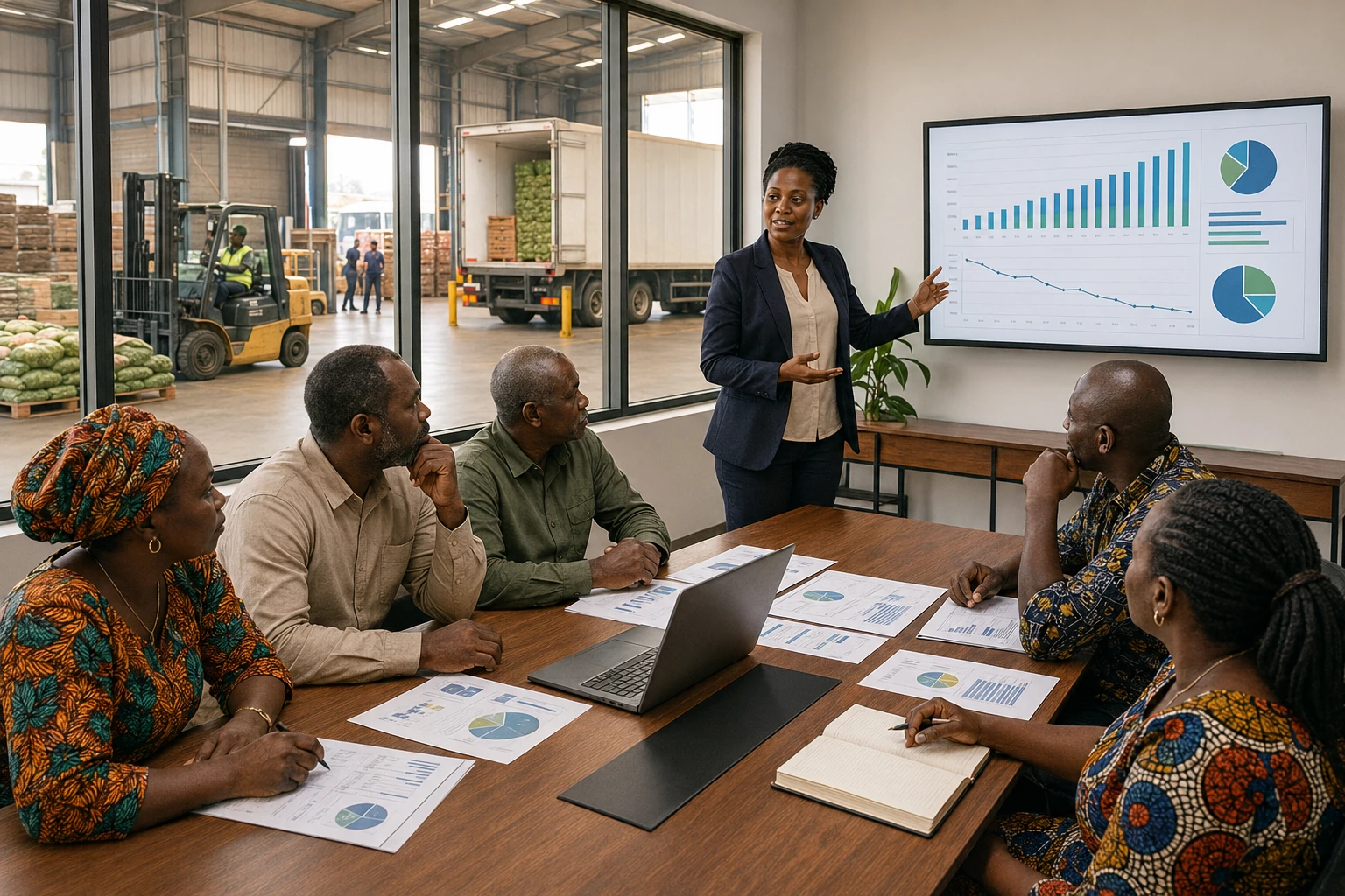 A producer-organisation board meeting inside a modern aggregation and processing centre — six members reviewing a printed price-and-volume report, a chart of rising tonnage and falling post-harvest loss on a wall-mounted screen, the working hangar visible through an interior window.