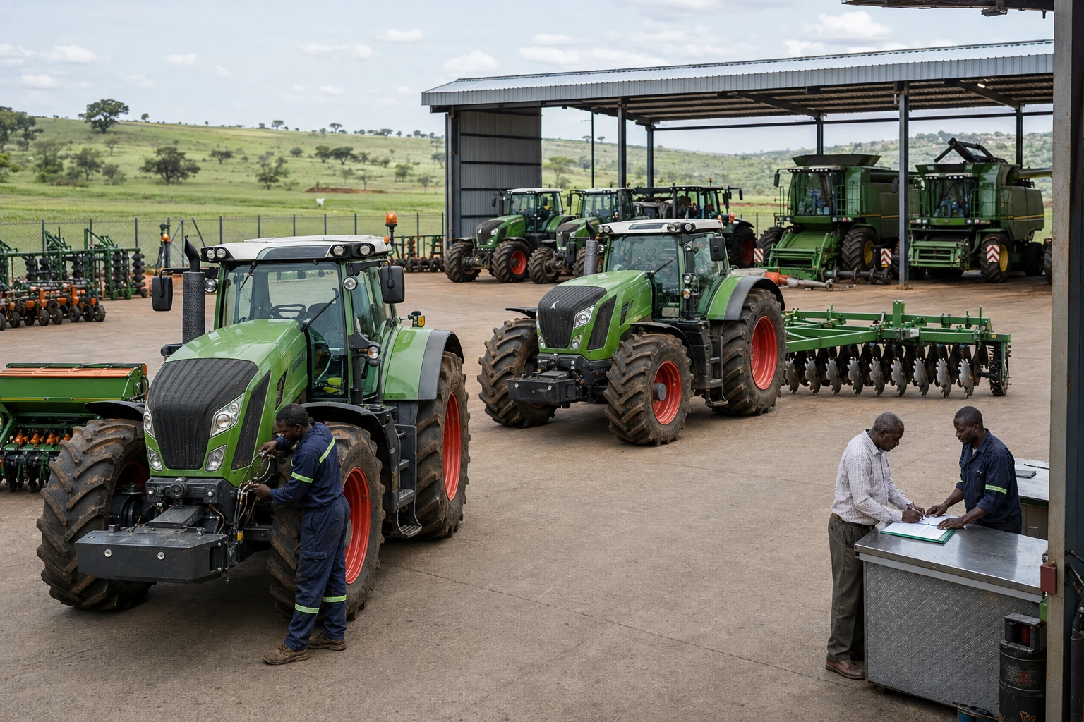 A regional mechanisation service hub in Sub-Saharan Africa — modern tractors and seed drills lined up on a paved hardstanding, a mechanic checking hydraulics, a smallholder farmer signing a service-rental booking at a workshop counter.