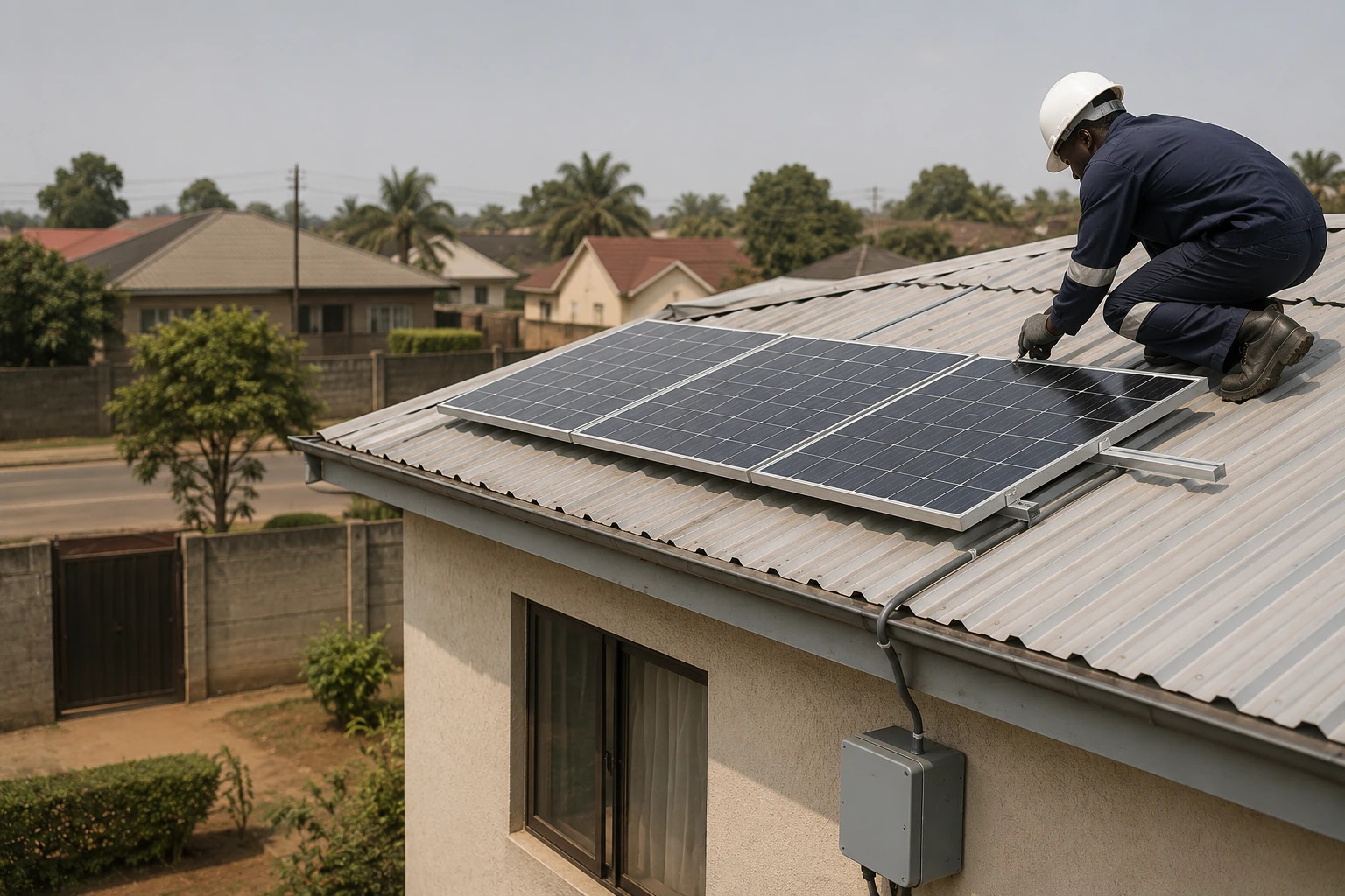 Solar-home-system installation on the corrugated metal roof of a small home — photovoltaic panels on a simple aluminium frame, an installer fitting a bracket.