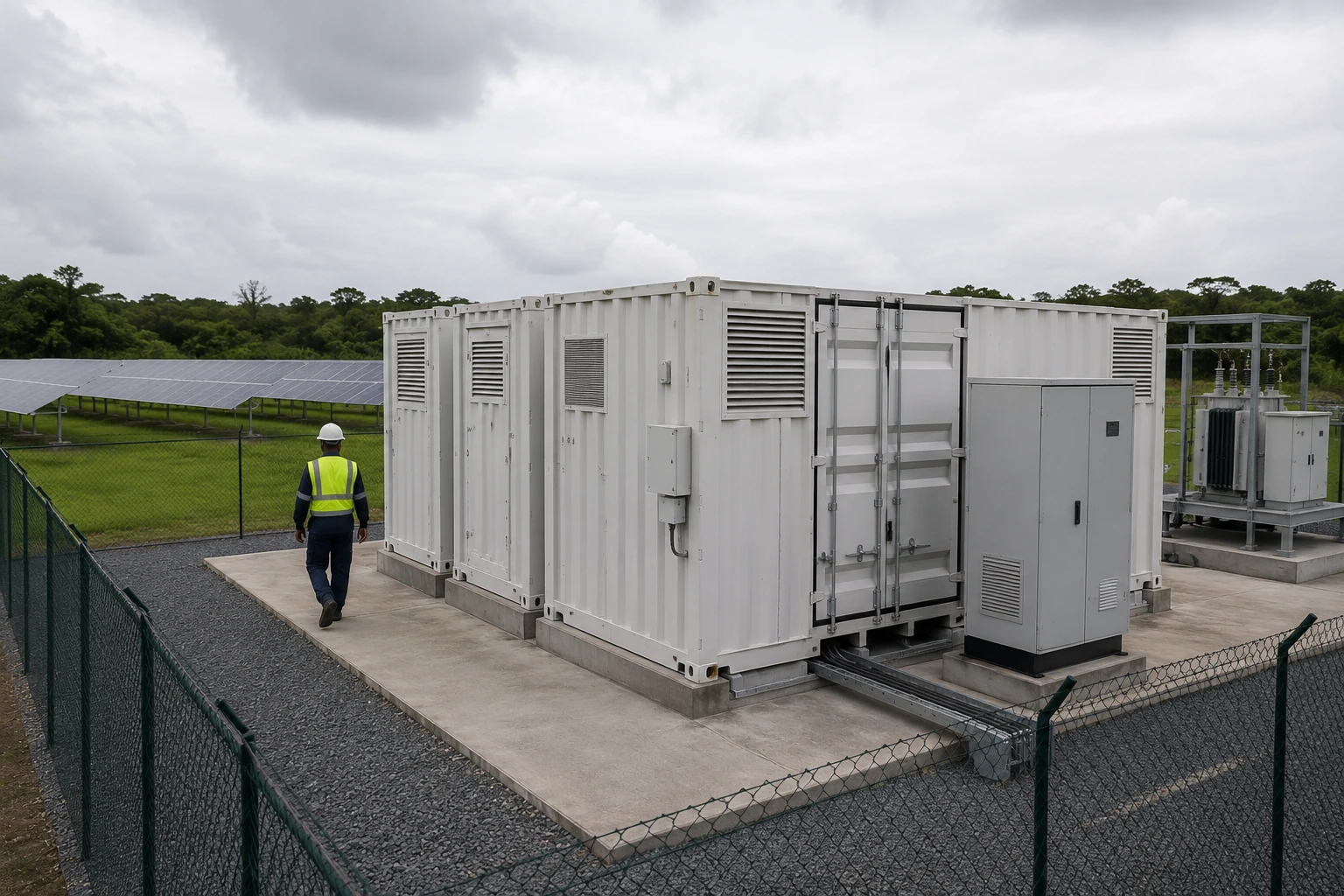 Battery-energy-storage-system installation at a mini-grid site — modular shipping-container BESS units on a concrete plinth, solar field in soft focus behind.