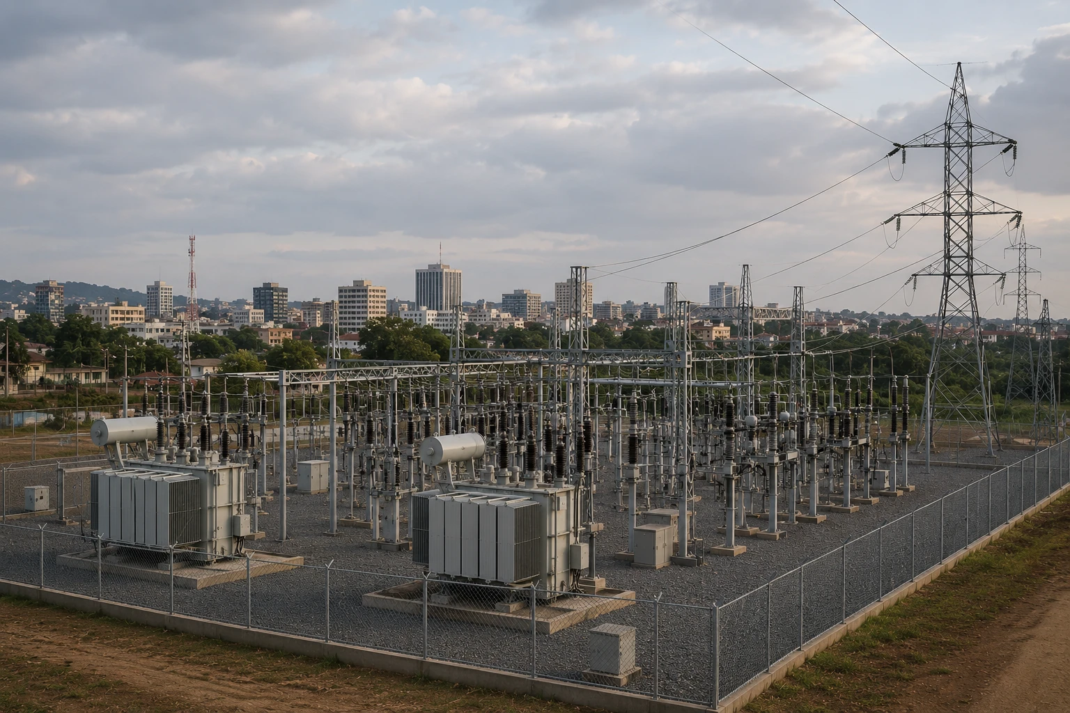 High-voltage substation at the edge of a contemporary African city — step-down transformers, switchyard gantries and a pair of transmission lines feeding the city in the background.