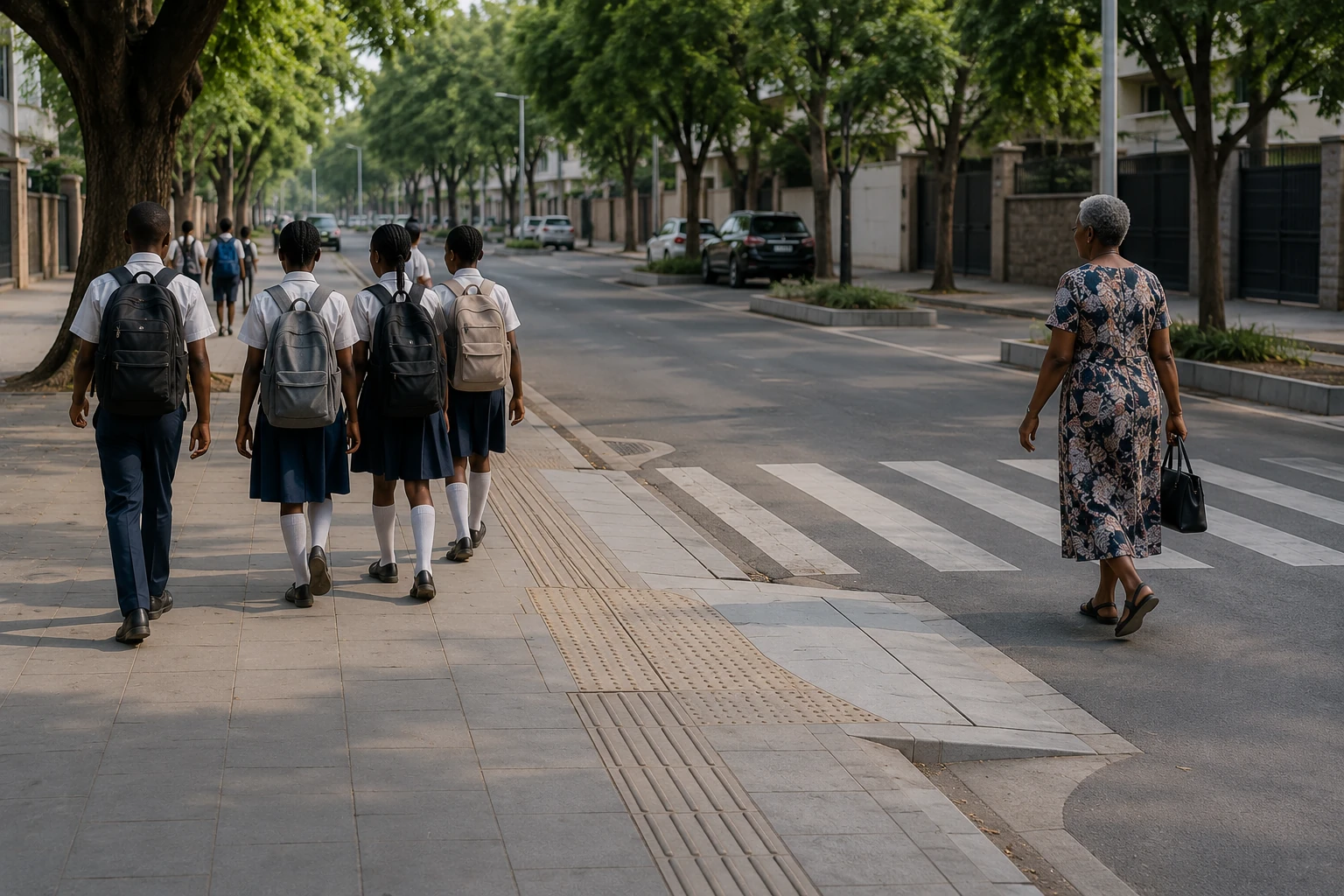 Schoolchildren and an older pedestrian on a wide, shaded sidewalk in a contemporary African city — access framed as walkable, accessible streets.