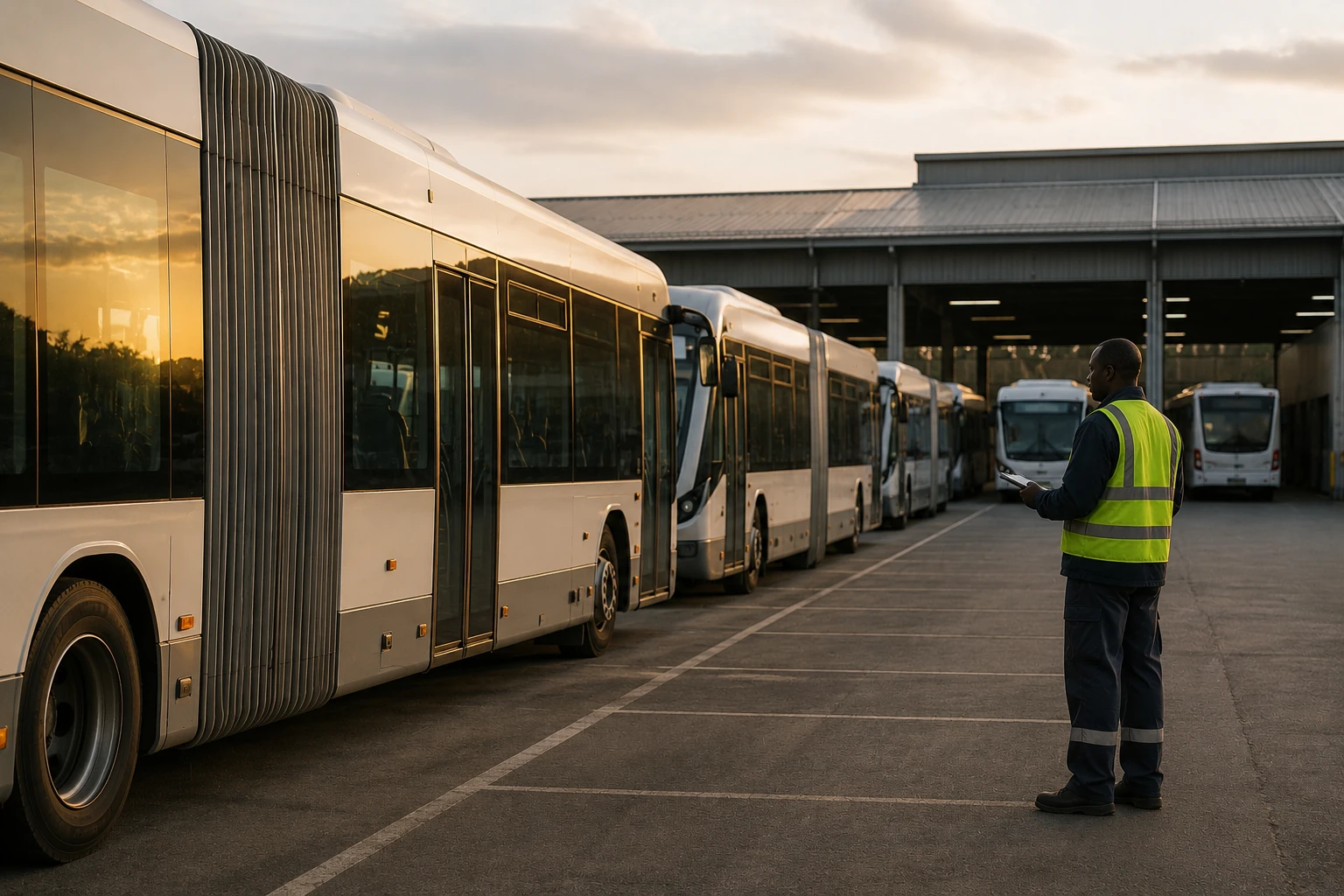Municipal bus depot at late afternoon — a row of articulated city buses parked across the yard, the operations side of public transport.