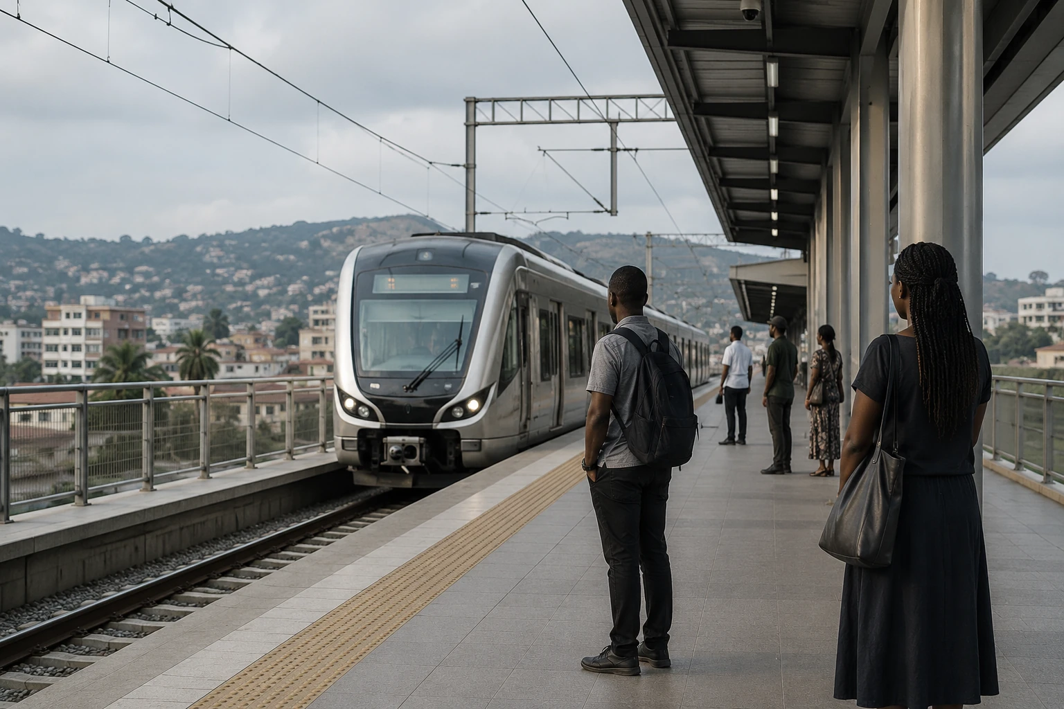 Modern light-rail train arriving at an elevated platform in a contemporary African city — a parallel mass-transit example to the BRT corridor evidence.