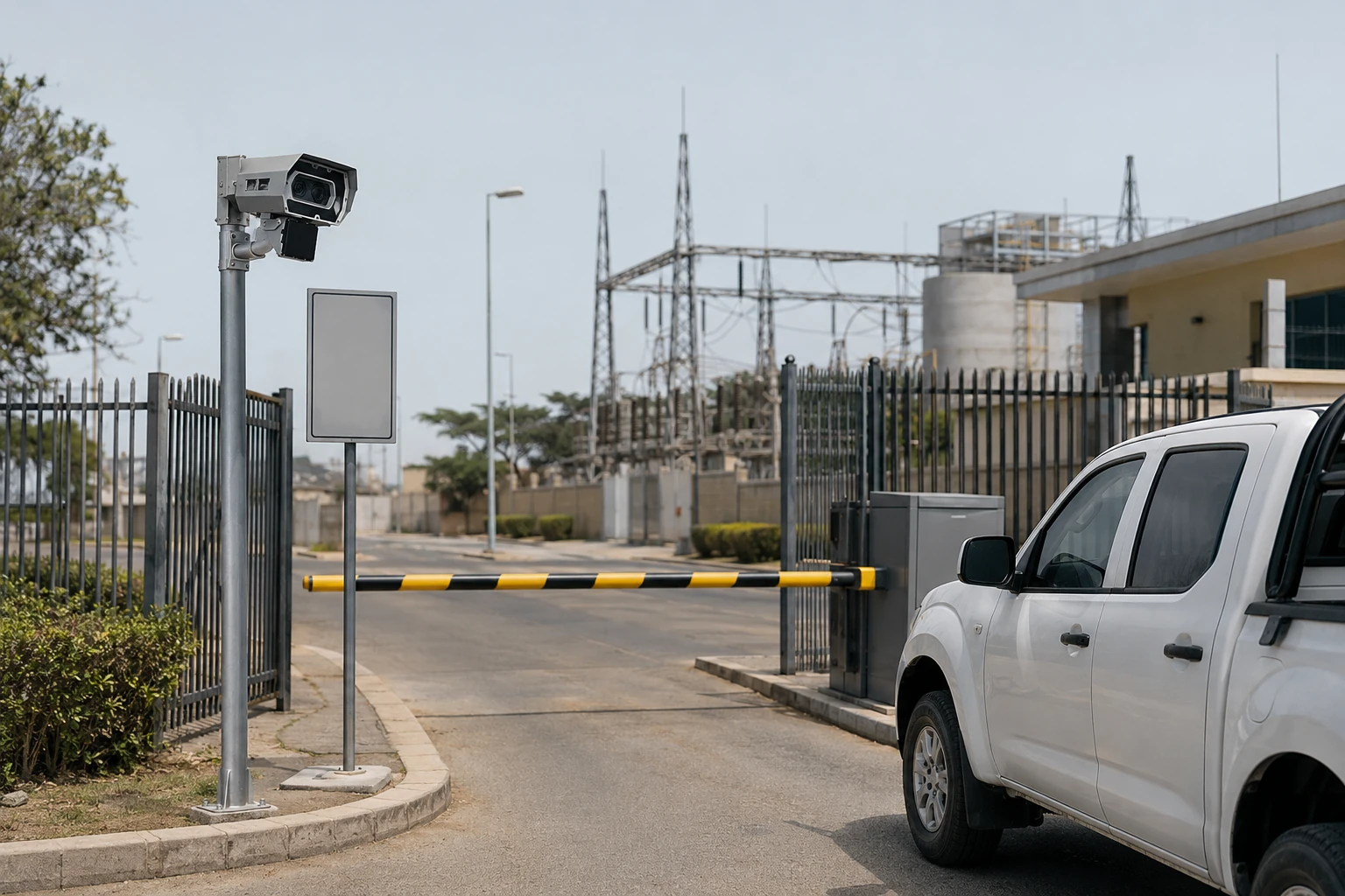 ANPR access-control gate at the entrance to a utility depot or substation — boom barrier lowered, plain-language public-notice sign visible at the lane edge.