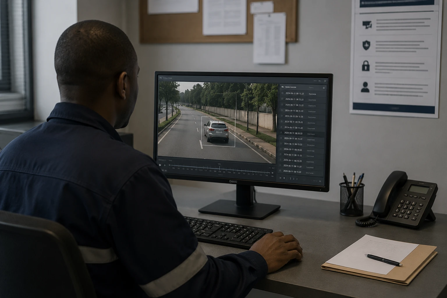 Single-screen review desk in a municipal operations room — one operator reviewing a flagged event with a logged audit trail, the human-review posture in practice.