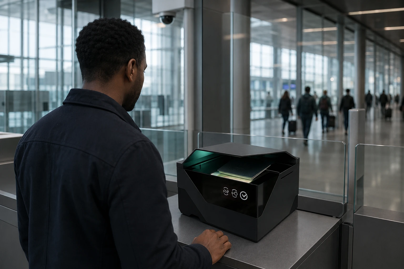 Self-service automated passport-control kiosk inside an airport terminal — a passenger scanning their open passport on a document reader with a green-lit reading bay.