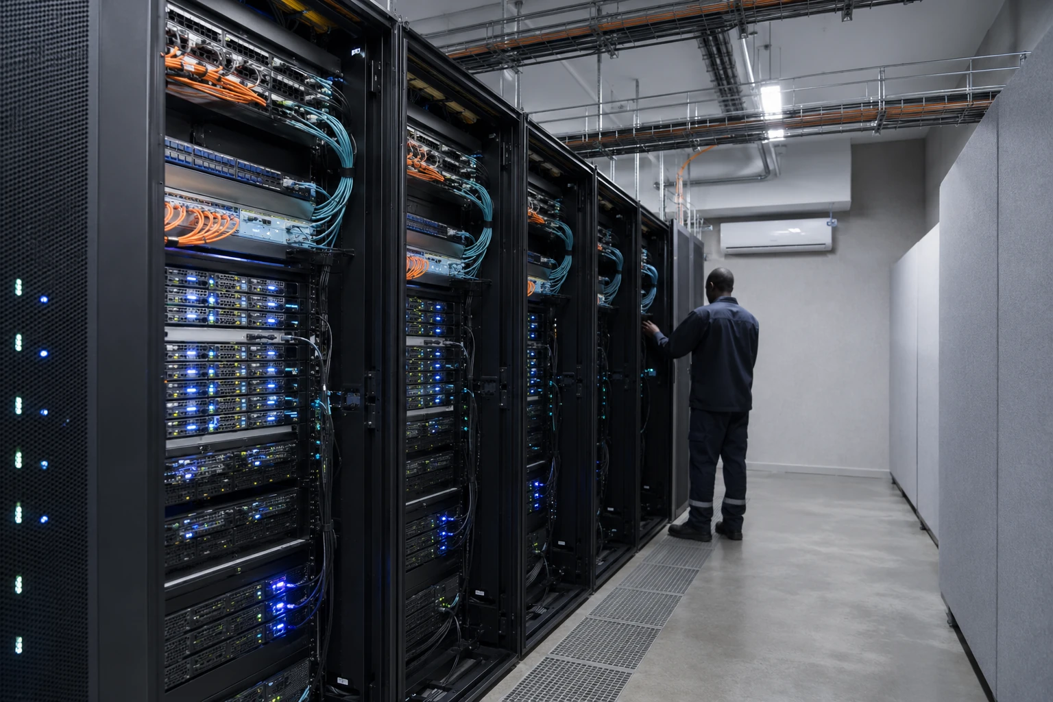 Small edge data centre — a short row of server racks with structured cabling and indicator lights, serving an African city.
