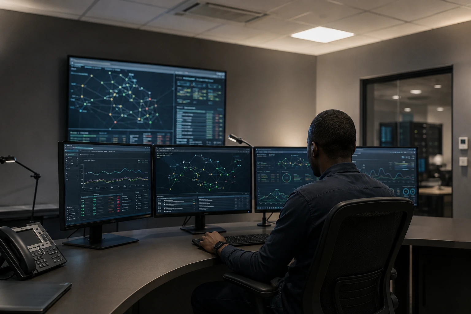 Network operations centre — monitors showing telemetry, line charts and node maps, with one operator at work in the mid-distance.