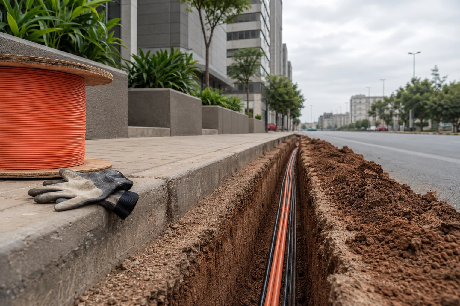 Fiber-optic micro-trench along a kerb in an African city — orange and black ducts visible in the open trench, modern street scene in the background.