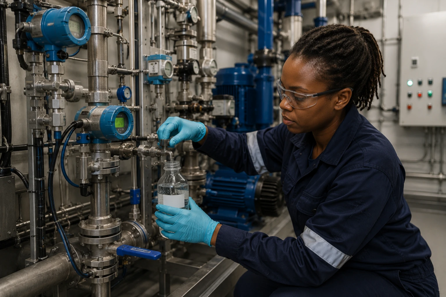 Plant operator at work on the floor of a water-treatment facility.