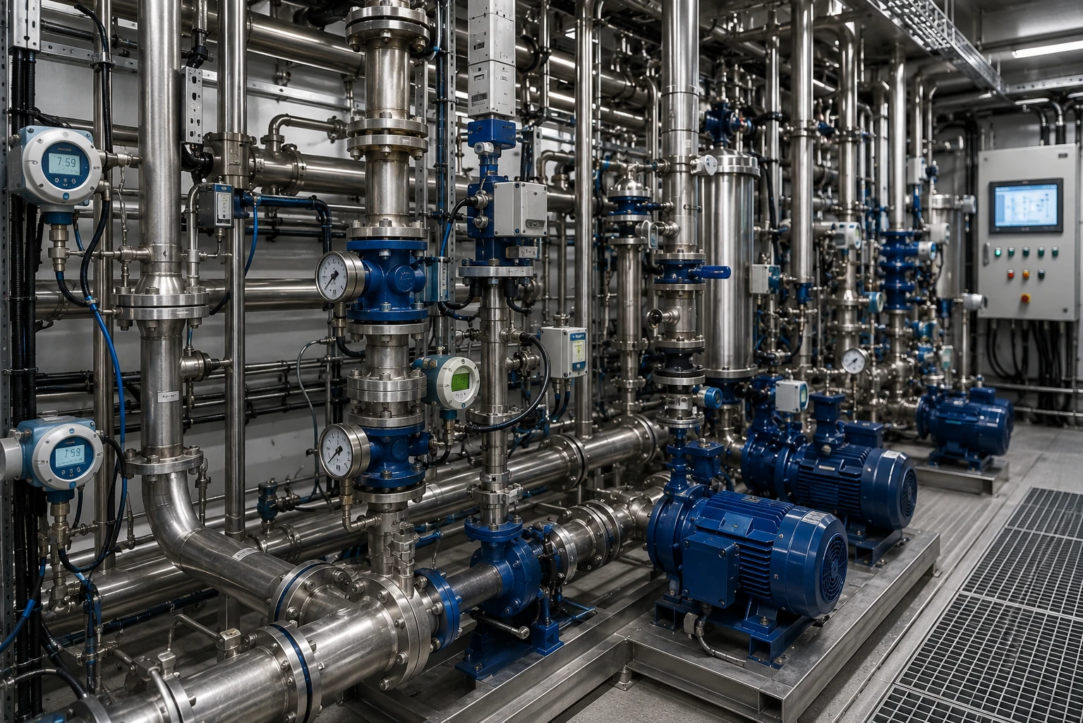 Interior of a modern water-treatment facility — process tanks and piping under industrial lighting.